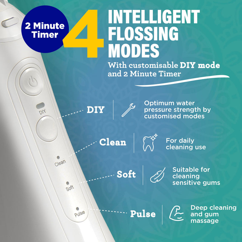 [Australia] - GuruNanda Water Dental Flosser 2.0 XL ‚Äì 380ML Large Tank, 4 Flossing Modes, Cordless & Portable with Smart Timer for Deep Cleaning & Happy Gums - White 
