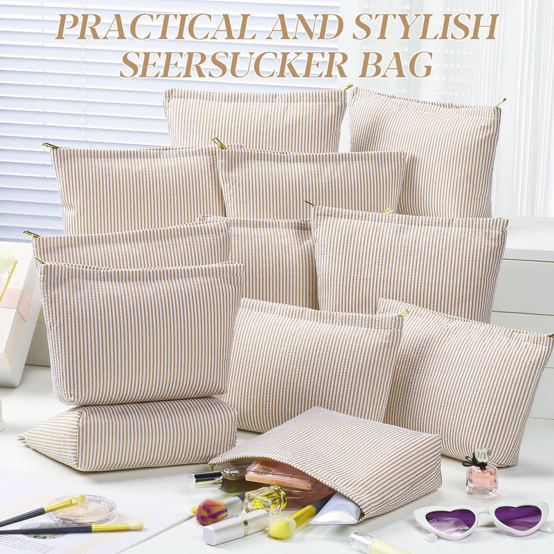 Sanwuta 12 Pcs Seersucker Makeup Bag for Women Stripe Cosmetic Bag Bulk Travel Toiletry Organizer Preppy Storage Pouch Zipper Purse Gifts for Wedding Bridesmaid Mom (Khaki) Khaki
