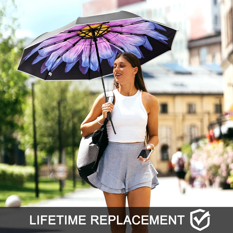G4Free Windproof Portable Travel Umbrella for Rain & Sun, Strongest Fiberglass Frame, Eco Double Canopy with Reflective Strip, Auto Open Close Folding Umbrella For Car, Backpack, Purse