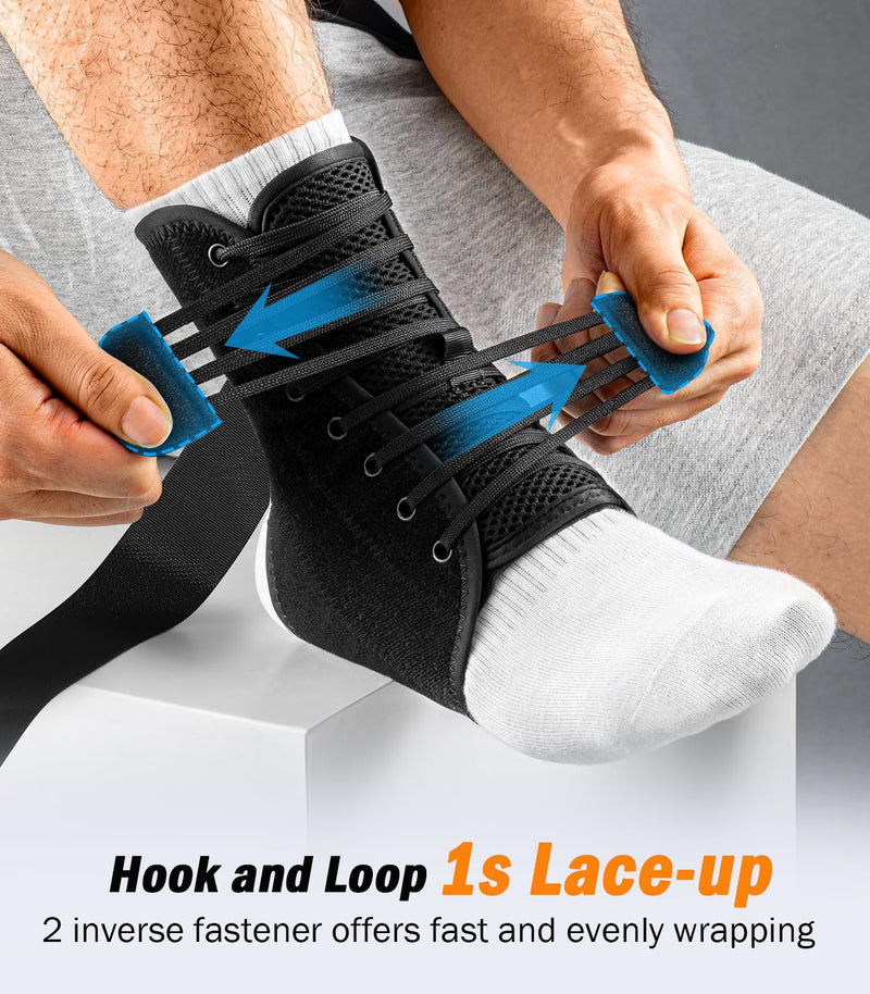 Slim-Fit Ankle Brace for Sprained Ankle, Velcro Lace Up Ankle Support for Women Men With 2 Auto-Shaped Pads, Air Fabric Cool Ankle Stabilizer for Injury Recover, Running,Sports, M(12”-13”) Orange/Black-M(ankle:30-33cm)