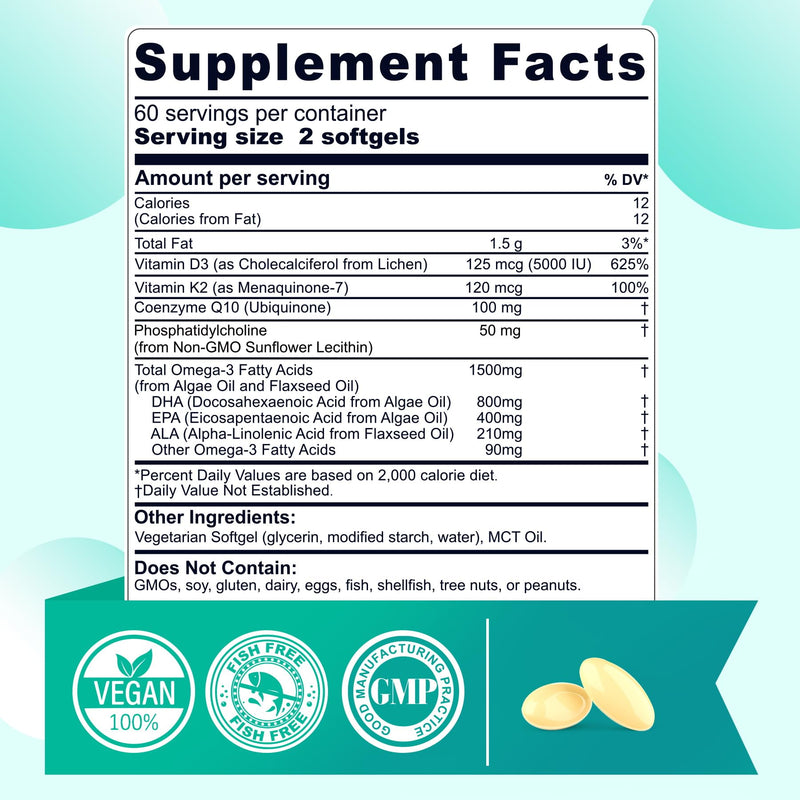 Vegan Omega 3 EPA DHA ALA Supplements + CoQ10, Vitamin D3 K2 for Women Men | 1500mg Plant Based Omega 3 Fatty Acids Mini Softgels for Bone Brain Eye Skin, Algae Oil as Fish Oil Alternative, 120 Pills