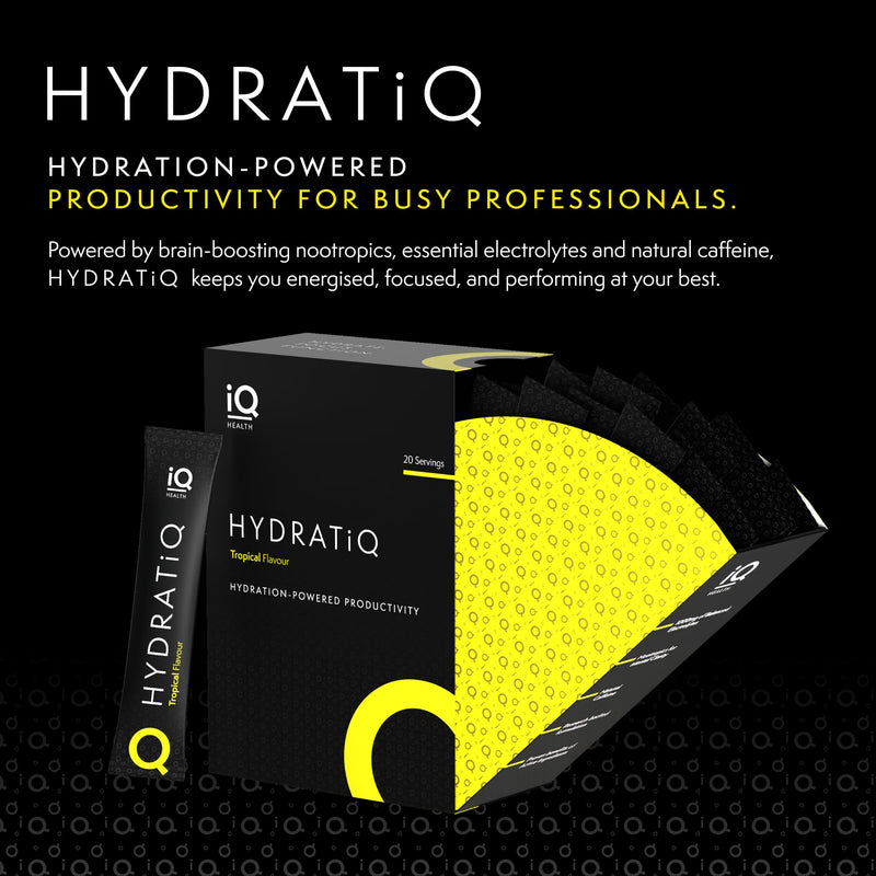 Nootropic Productivity Drink for Focus & Hydration - Healthy Energy Drink/Coffee Replacement with Natural Caffeine, L-Theanine, Bacopa Monnieri & Electrolytes - 20 Sachets - HYDRATiQ by iQ HEALTH Tropical 20 Pack