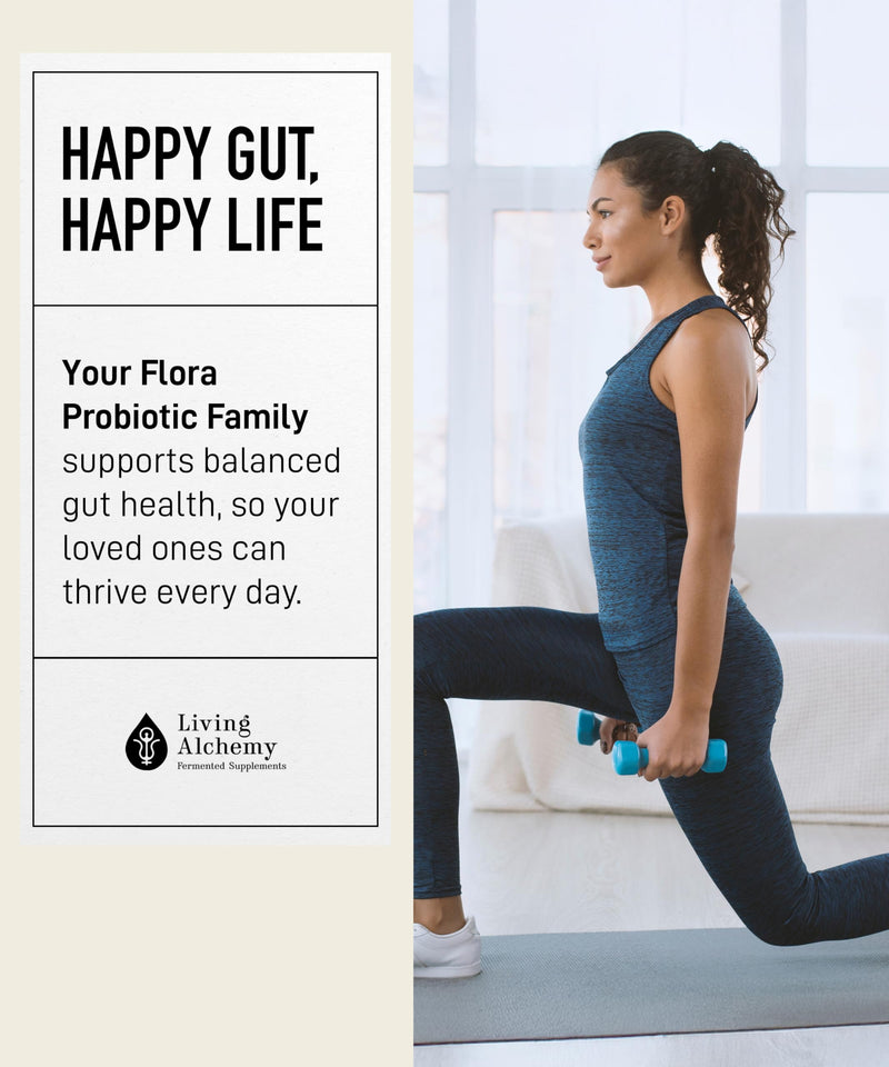Living Alchemy Your Flora Probiotic Family, Vegan, Non-GMO, 60 Pcs | Fermented Soybean, Banana, Blueberry, Prebiotics, Probiotics, Postbiotics, Digestive Enzymes, Gut Support