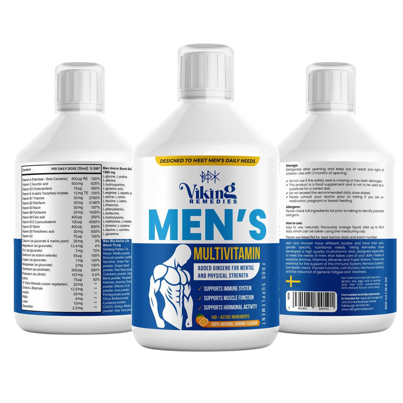 Men’s Multivitamin Liquid – 500ml – Orange Flavour – 140+ Nutrients Including Vitamins, Minerals & Amino Acids – Made in Sweden