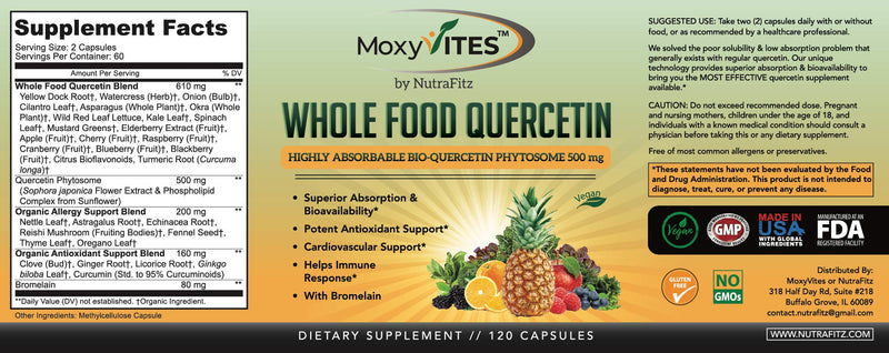[Australia] - Quercetin with Bromelain 500mg Supplement - Bioactive Phytosome Complex, Pure Organic Whole Food Seasonal Support, Healthy Inflammatory Response, Antioxidant, 20X Absorption & Bioavailability-120 Caps 