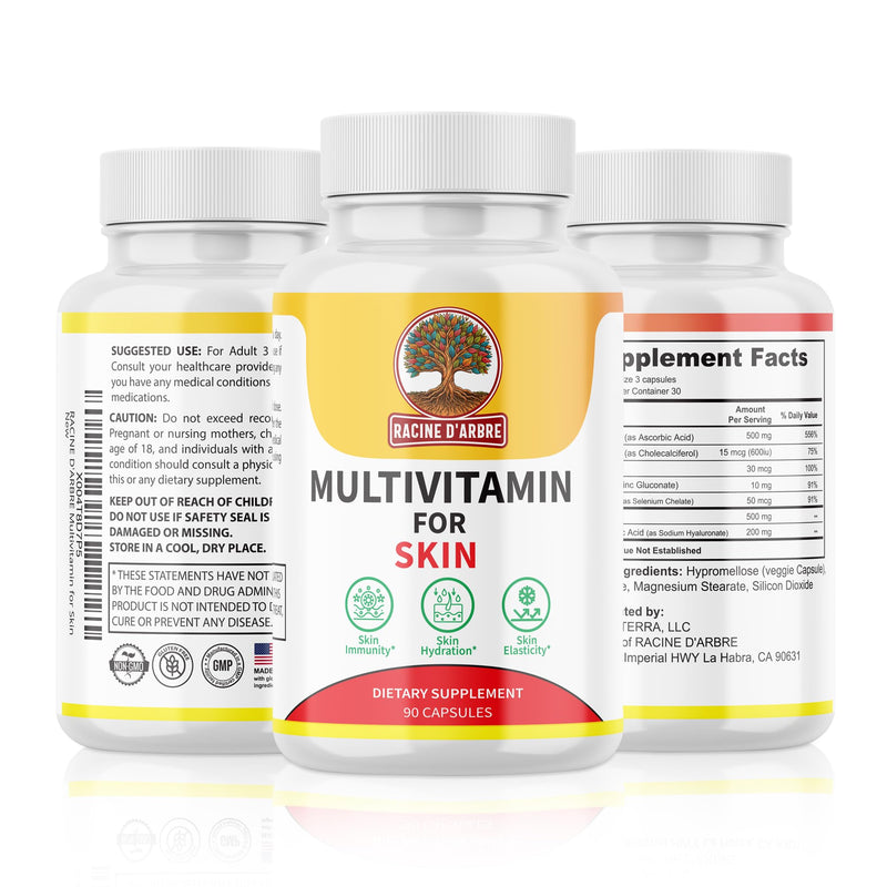 Racine D’ARBRE Multivitamin Skin Supplement – Hyaluronic Acid, Vitamin C, Selenium, Biotin, Zinc & Proline – Collagen, Hydration & Beauty Support – 90 Capsules