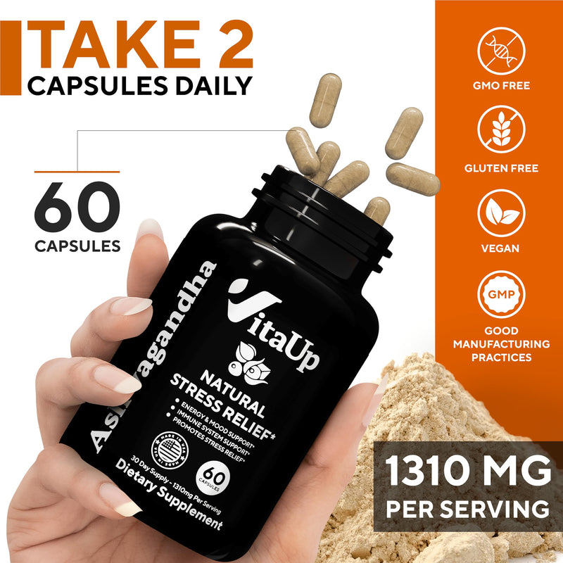[Australia] - Organic Ashwagandha Capsules 1310mg - USA Made Organic Ashwagandha Supplements with Black Pepper - Energy & Immune Support - Natural Stress Relief Supplement - Ashwagandha Organic - 60 Count 1 