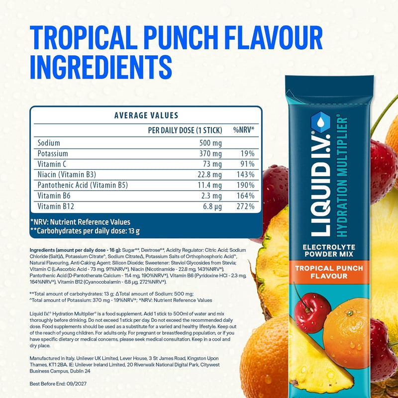 Liquid I.V. Hydration Multiplier Electrolyte Powder Pack, Lemon Lime & Tropical Punch, Electrolytes with 7 Vitamins & Minerals for Fast Hydration & Energy, Vegan and Gluten Free, 12 Sachet Sticks