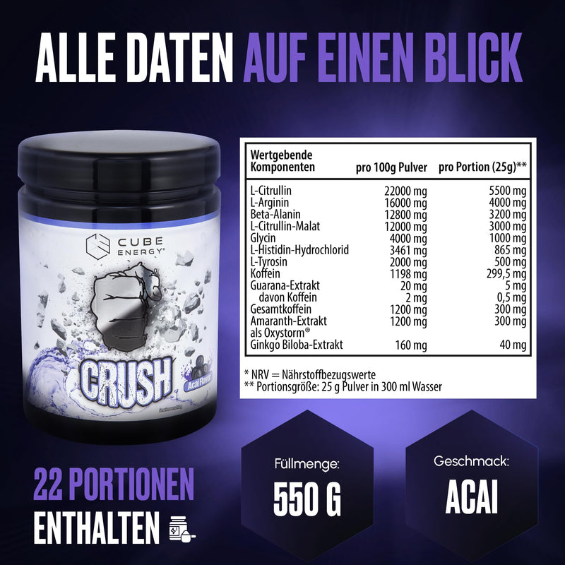 [Australia] - Cube Energy Crush Pre Workout Booster - 2in1 focus & pump formula with 300 mg caffeine - no crash - high dose & vegan - Made in Germany - 22 portions of 25 g each - Acai flavor 