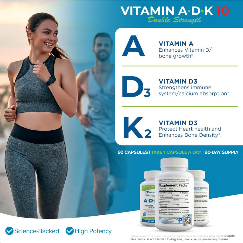 Power By Naturals ADK 10 Vitamin Supplement – Vitamins A, D3 & K2 MK-7 for Bone, Heart & Immune Health – Gluten-Free, Soy-Free – 90 Capsules (3-Month Supply) 90 Count (Pack of 1)