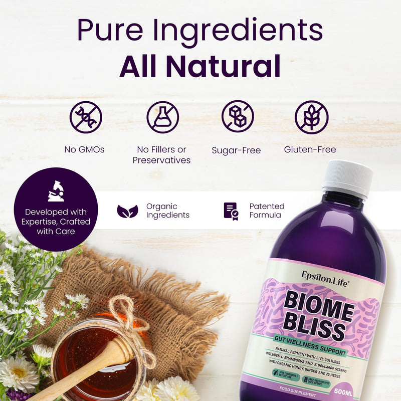 Biome Bliss Complete Gut Repair Probiotic Drink with Saccharomyces Boulardii & Live Bacterial Cultures | Natural Probiotics for Gut Health | 100% Organic Ingredients | Apple Juice & Honey | 25 Herbs