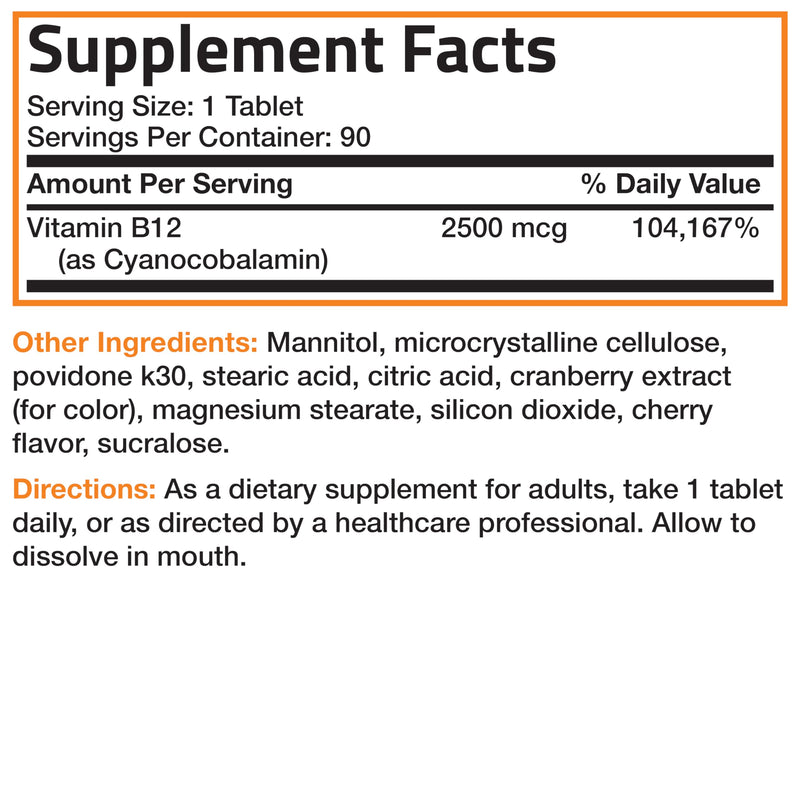 Bronson Vitamin B12 2500 mcg Fast Dissolve Sublingual Cherry, 90 Tablets | B12 as Cyanocobalamin, Supports Energy Metabolism, Red Blood Cell Formation, Nerve & Brain Function 90 Count (Pack of 1)