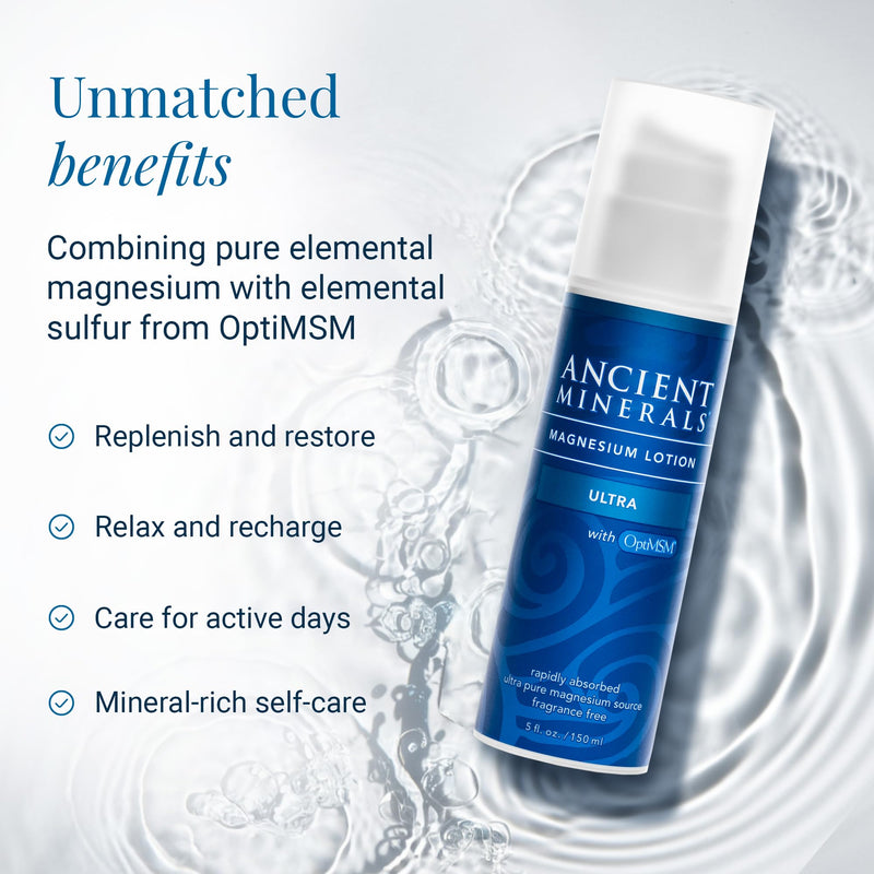 Ancient Minerals Magnesium Lotion Ultra with MSM, Zechstein, 5oz | Zechstein magnesium chloride lotion with OptiMSM for enhanced topical absorption. 5 oz. 5 Ounce (Pack of 1)