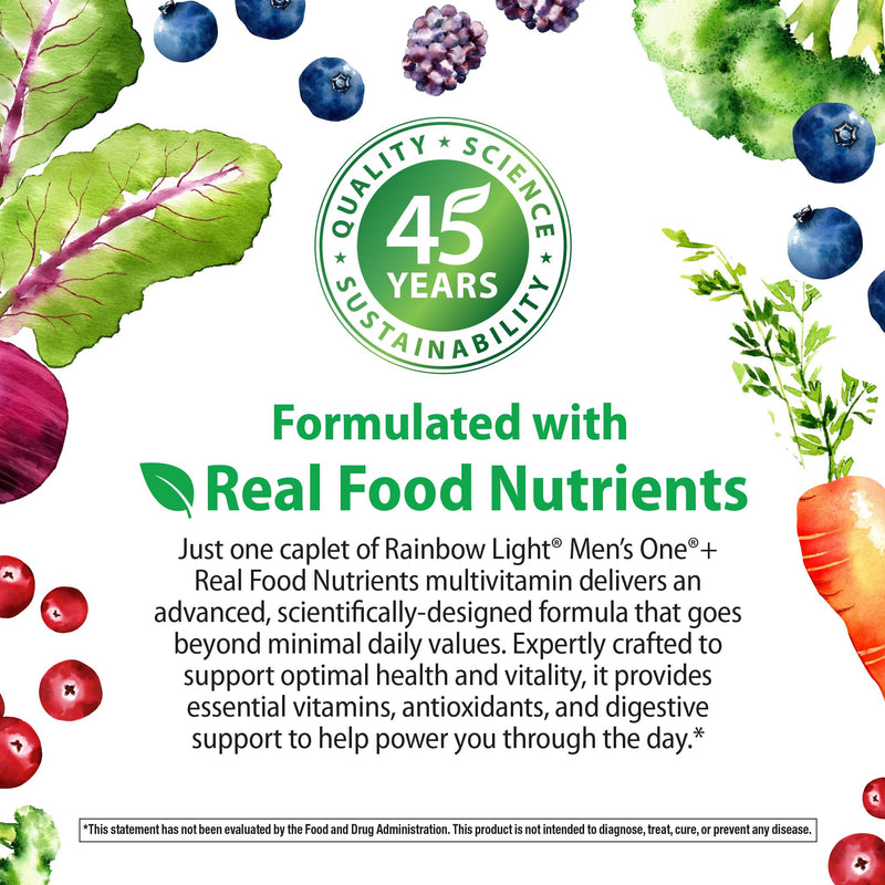 Rainbow Light Mens Multivitamin One + | 60 Caplets | Supports Cellular Energy & Antioxidant Health | with Real Food Nutrients, Digestive Enzymes & Probiotics Men's One 60 Count (Pack of 1)