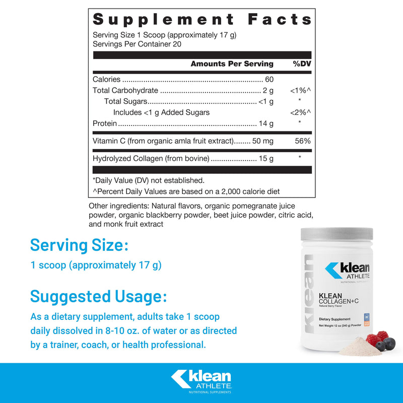 Klean Athlete Klean Collagen+C, Natural Berry Flavor, 12 Ounces | Supports Musculoskeletal Health to Help Optimize Performance and Mobility*, Supports Healthy Joint and Connective Tissue* 12 Ounce (Pack of 1)