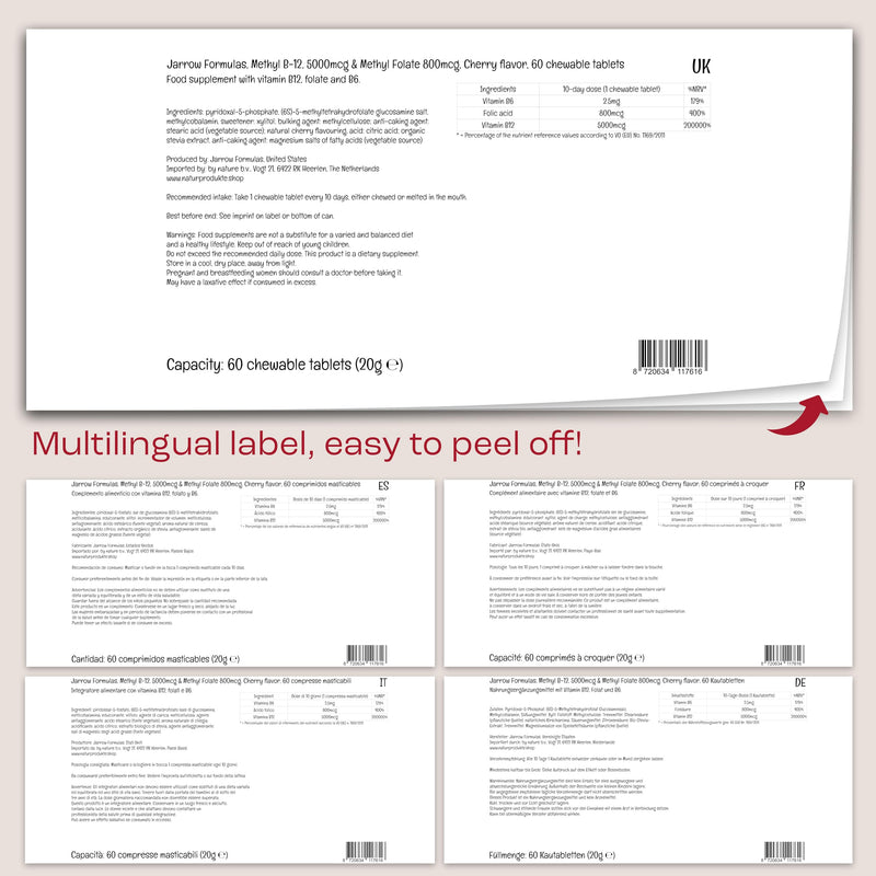 Jarrow Formulas Methyl B12 5000mcg/Methyl Folate 800mcg, 10-Day Depot, Cherry Flavour, 60 Vegan Tablets, Gluten Free, Vegetarian, Soy Free, GMO Free
