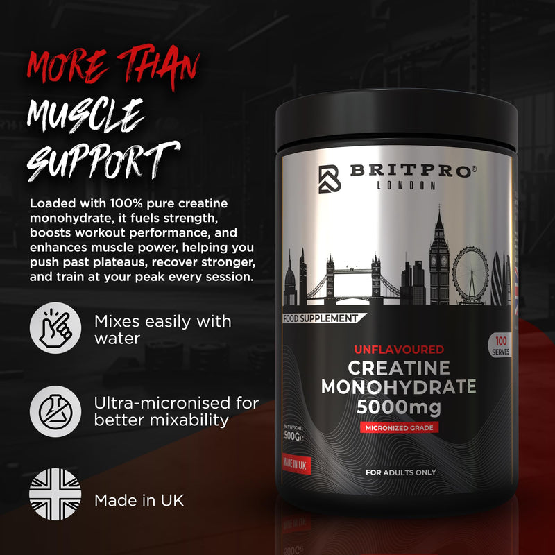 Creatine Monohydrate, Unflavoured 500g - Ultra-Micronised Creatine - Lean Muscle, Strength & Endurance - Fast Absorption, Zero Fillers - Premium Quality - Made in the UK 500 g