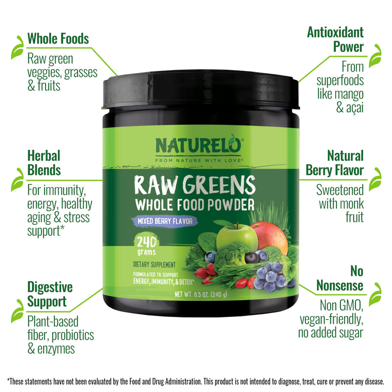 [Australia] - NATURELO Raw Greens Superfood Powder - Mixed Berry - Boost Energy, Detox, Enhance Health - Organic Spirulina - Wheat Grass - Whole Food Nutrition from Fruits & Vegetables - 240 Grams 8.5 Ounce (Pack of 1) 
