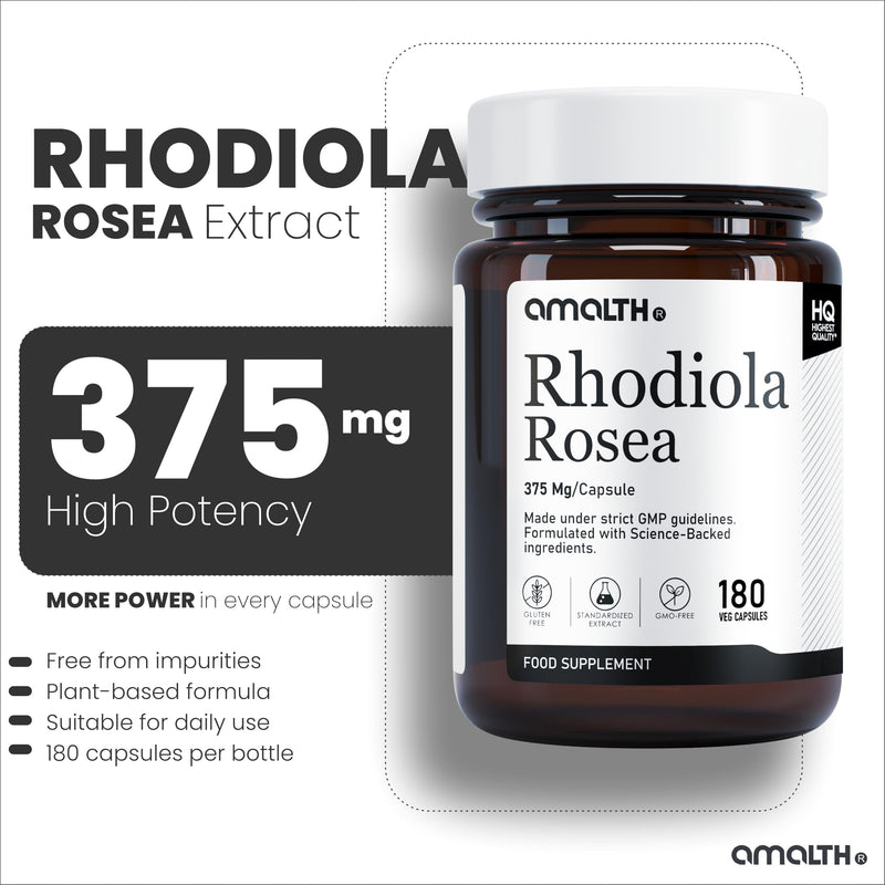 Amalth Rhodiola Rosea Capsules 375mg per Capsule | Standardised 3% Rosavins & 1% Salidroside | with Black Pepper Extract | Botanical Food Supplement | 180 Vegan Capsules