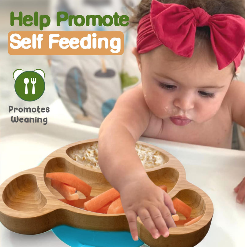 [Australia] - Bamboo Plates For Kids | Baby and Toddler Bamboo Suction Plate for Babies Feeding and Weaning | Promotes Self-Feeding with Eco-Friendly Sturdy Bear Design | Suction Plates for Busy Moms & Dads | Blue 