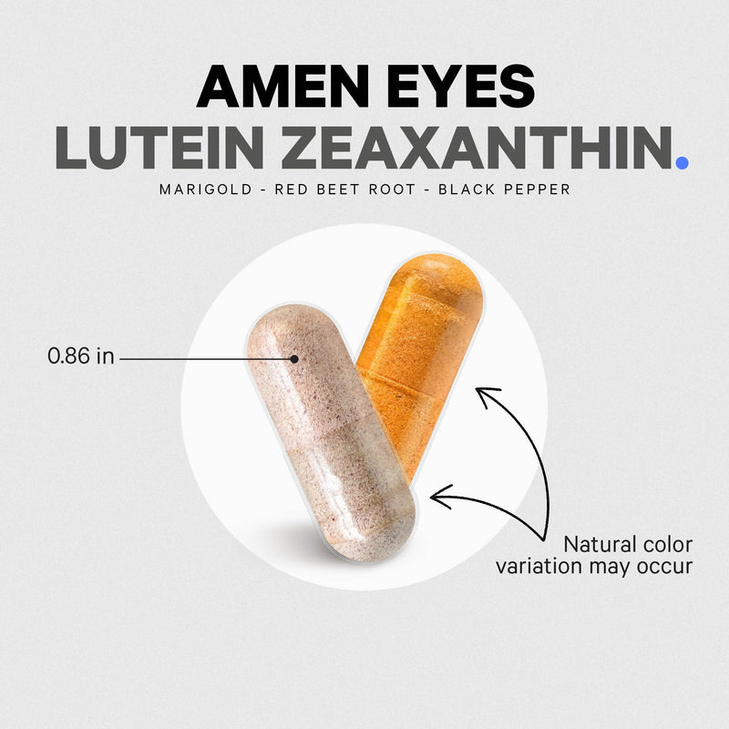 Amen Eyes Lutein Zeaxanthin, Marigold Extract, Beet Root, 90 Capsules | Lutein and zeaxanthin from marigold with red beet root and black pepper. Three-month supply. Vegan, non-GMO.