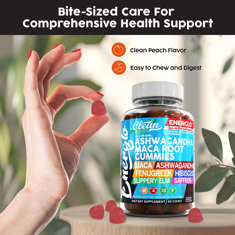 Ashwagandha Maca Root Gummies with Fenugreek Hibiscus Slippery Elm Saffron Extract & Beta Carotene | Peach Flavor Vegan Gummy Vitamins Adaptogen Cortisol Supplement Energlo By Clean Nutra 1