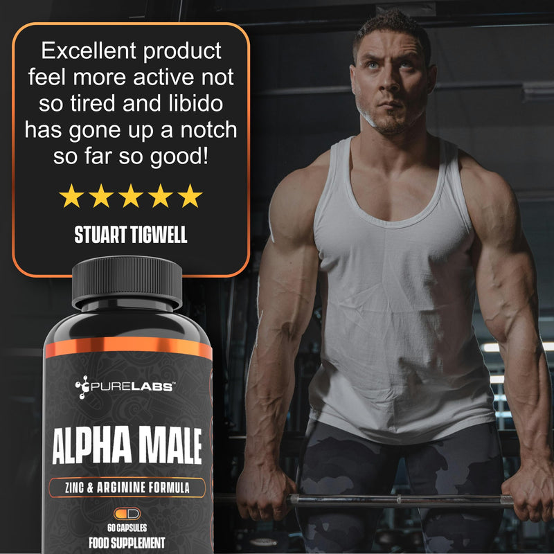 Alpha Male Testosterone Support for Men – 60 Capsules – High Strength Vitality & Muscle Support Supplement with Tribulus, Zinc & Vitamin D3 – Maintain Normal Testosterone Levels & Energy – Pure Labs