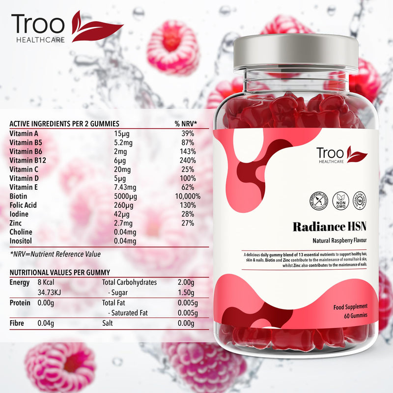 Troo Health Care Radiance HSN 60 Raspberry Flavour Gummies - Advanced Hair Skin & Nails Supplement for Men & Women - 13 Essential Nutrients Inlcuding Biotin 60 count (Pack of 1)