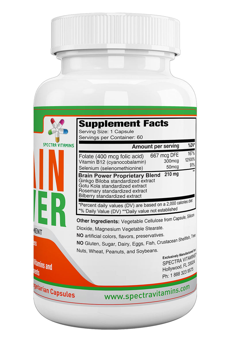 Brain Power, 60 Capsules, for Men & Women | Supports Focus, Nootropics, Improves Memory, Alertness, Ginkgo Biloba, Gotu Kola