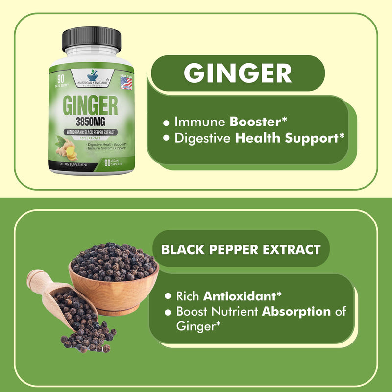 [Australia] - American Standard Supplements Organic Ginger 3850mg Per Serving with Organic Black Pepper Extract, Vegan, Gluten Free, Non-GMO, 90 Capsules, 90 Servings 