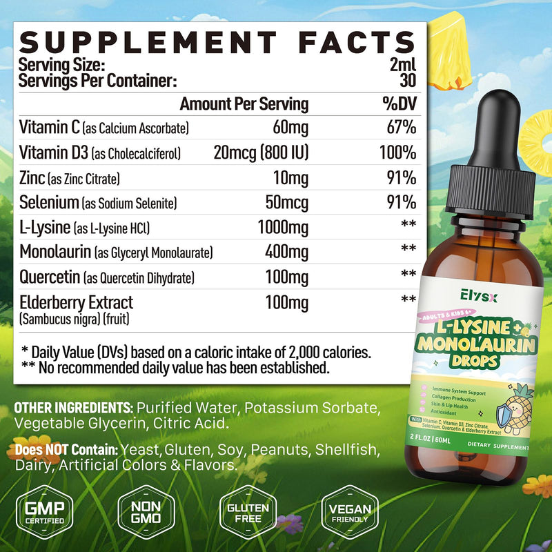 [Australia] - L-lysine Monolaurin Liquid Drops, Lysine 1000mg Supplement for Kids & Adults, with Vitamin C & D3, Zinc Citrate, Selenium, Quercetin & Elderberry Extract, Immune Support, Lip & Skin Health, 2 FL OZ 