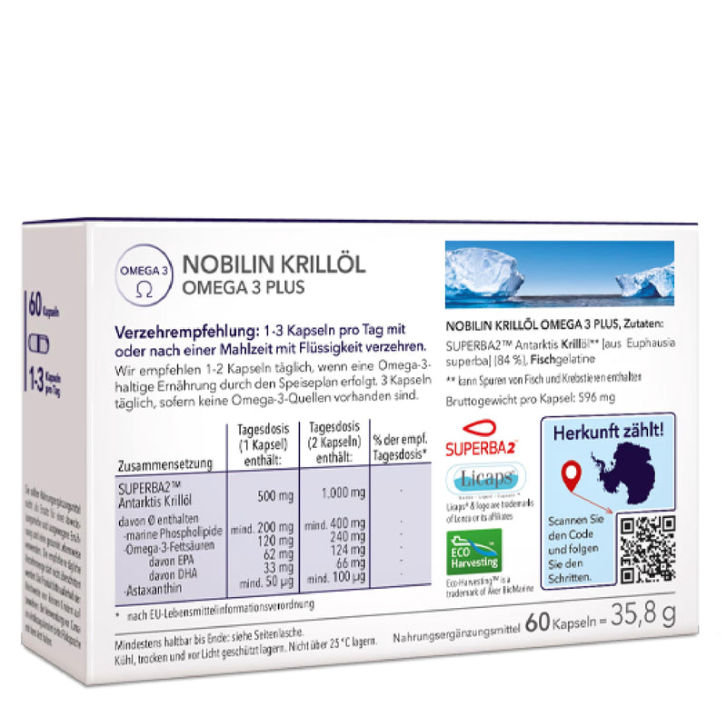 [Australia] - Medicom - Nobilin Krill Oil Omega 3 Plus, High-Quality Omega-3 Fatty Acids, EPA & DHA, Astaxanthin, 500 mg Antarctic Krill Oil, Odor-Free Licaps Capsules - 60 Capsules 