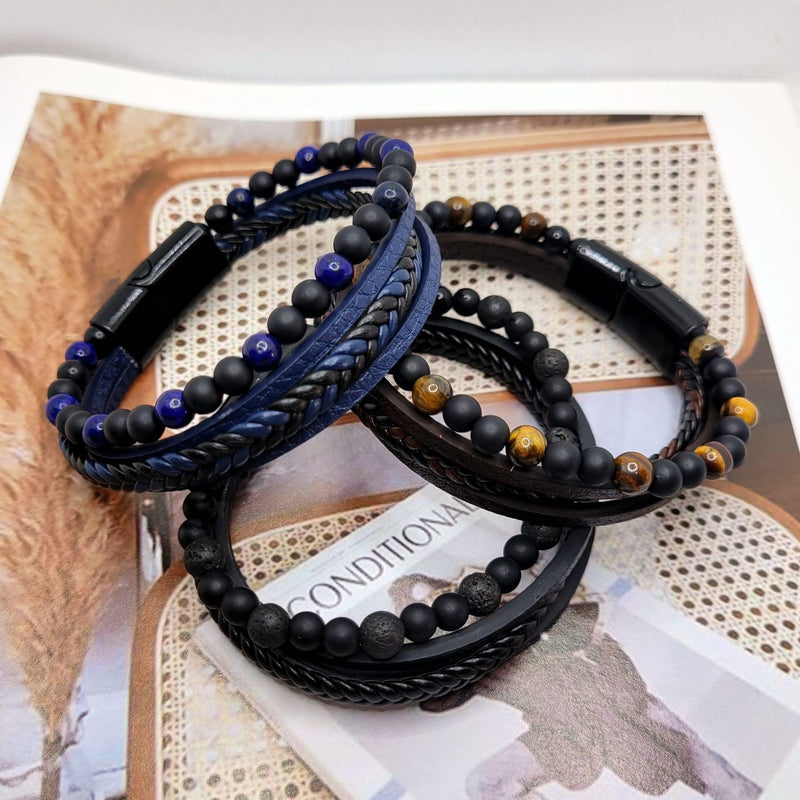 [Australia] - Natural Agate Stone Leather Beaded Bracelets, Volcanicx Wellness & Relief Bracelet, Volcanicx Menopause Magtherapy Bracelet Humanic+ Maxhematie Lymph Detox Slimming Jewelry Gift For Men Women Black&Brown 