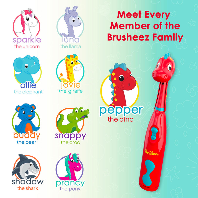 [Australia] - Brusheez® Kids’ Electric Toothbrush Set - Safe & Effective for Ages 3+ - Parent Tested & Approved with Gentle Bristles, 2 Brush Heads, Rinse Cup, 2-Minute Timer, & Storage Base (Pepper the Dino) Pepper The Dino 