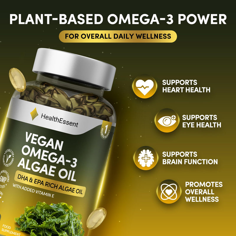 HealthEssent Omega 3 Vegan Complex - Algae Oil Omega 3 with EPA DHA and Vitamin E, 1000mg Algae Based Fatty Acids Supplements for Heart, Brain and Joint Health, Non-GMO & Halal – 60 Softgels