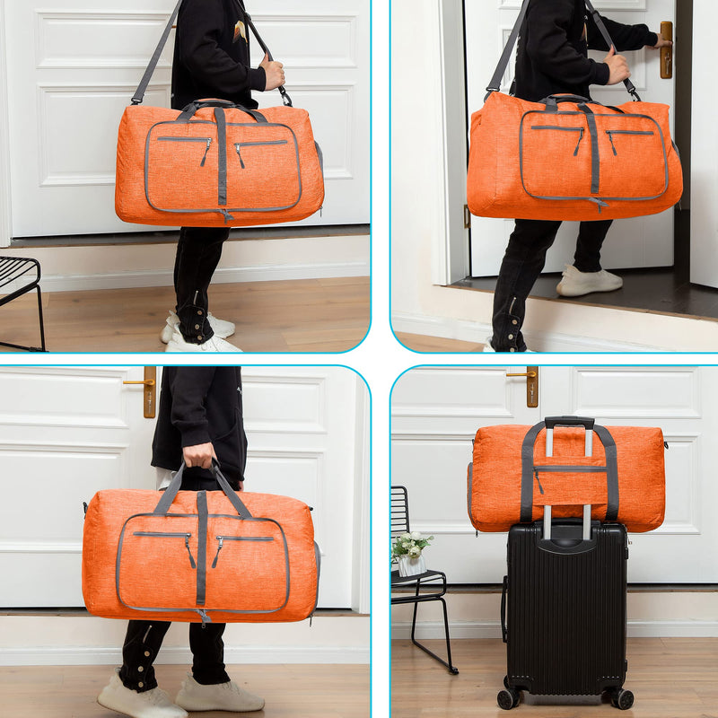 Vomgomfom 65L/85L/115L Foldable Travel Duffle Bag with Shoe Compartment | Tear-Resistant 600D Polyester, Only 1.06 lb, Folds Into Compact Pouch, 5 Zip Pockets, Trolley Sleeve, Gym & Weekend Ready L Orange 115L