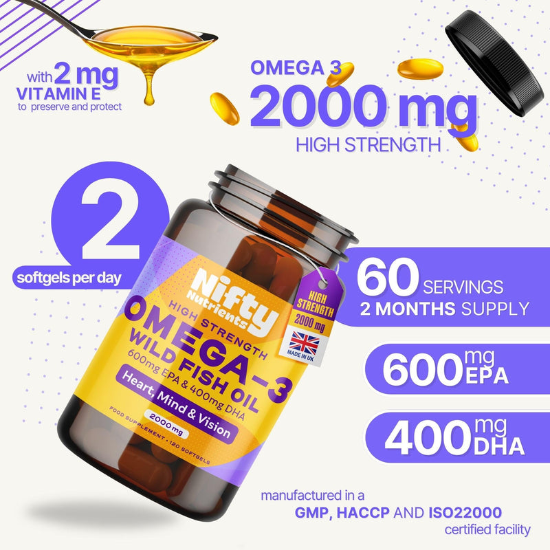 Omega 3 Capsules High Strength Pure Natural Wild Fish Oil Capsules | 2000mg High Strength Softgels | Providing a High Source of EPA & DHA | Made in the UK