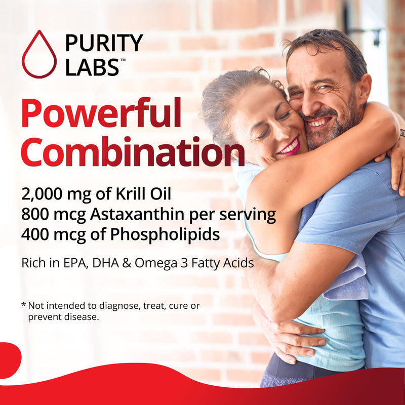 [Australia] - Purity Labs Antarctic Krill Oil 2000mg Omega-3 with Astaxanthin 800mcg Supplements to Support Memory, Heart, Brain Health - Rich in Omega 3, Fatty Acids, DHA, EPA & Phospholipids - 60 Softgels 