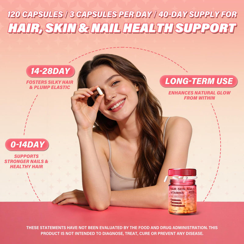 Hair Skin and Nails Vitamins – Biotin, Hyaluronic Acid, Calcium AKG, Vitamin C & Vitamin D3 K2 – Support Healthy Hair Growth, Strong Nails & Radiant Skin - 120 Capsules (1 Pack)