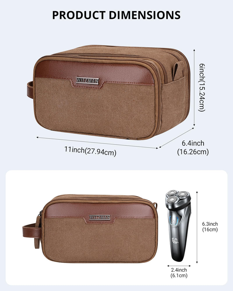 WITZMAN Canvas Toiletry Bag for Men Travel Toiletries Large 7L Dopp Kit | Multi-pockets with Dry-wet Pocket, Side Handle for Hanging, Lightweight, For Daily Use, Bathroom, Make up, A8002 Brown