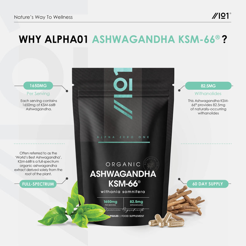 Organic Ashwagandha KSM-66® 1650mg - 5% Withanolides with Black Pepper – 180 Vegan Capsules – Resealable and Recyclable Pouch by Alpha01 90 Count (Pack of 2)