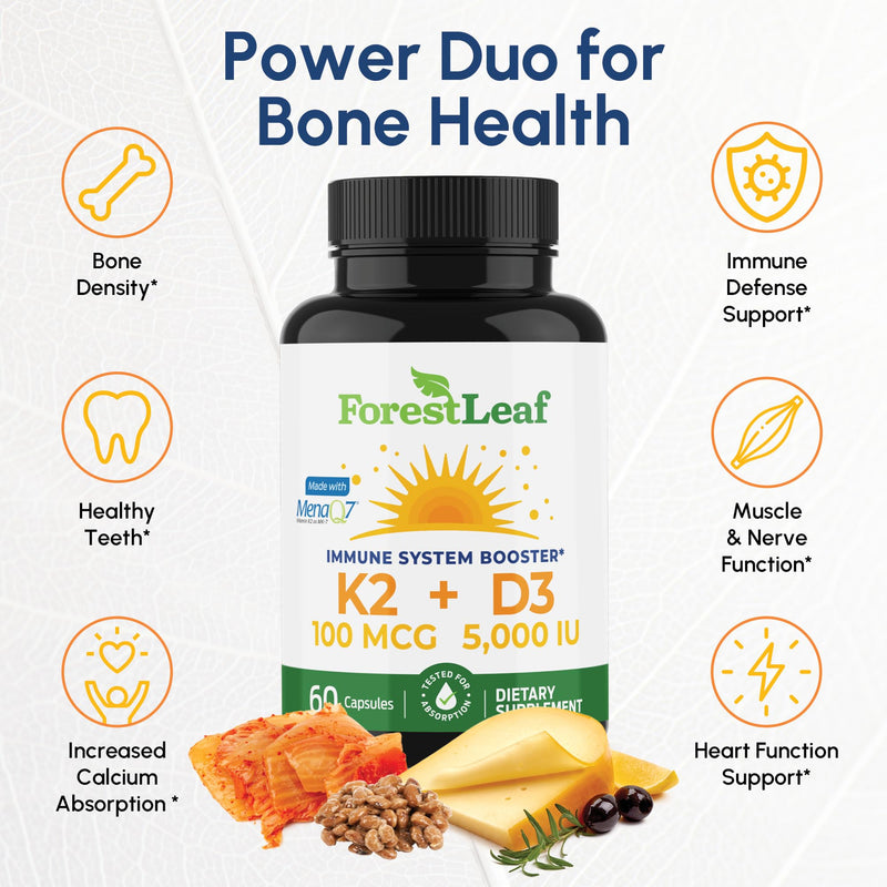 ForestLeaf Vitamin D3 + K2 (MK7) Supplement - MenaQ7 - Calcium and Vitamin D3 5000 IU Max Absorption - Teeth and Bone Strength, Heart Health, Immune System Support - 60 Veggie Capsules 5,000 IU - D3+K2 - 60 Count