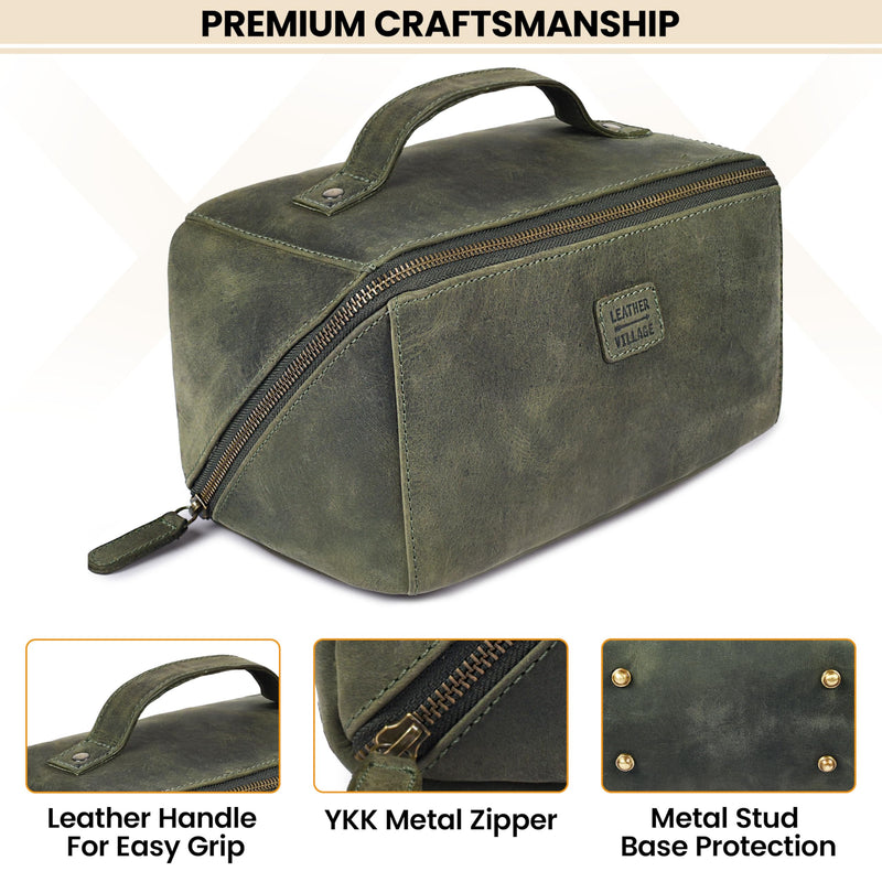 LEATHER VILLAGE Full Grain Leather Travel Cosmetic Bag for Women & Men | Large Capacity Cosmetic Bag with unique zip design – Skin Care, Brushes, Shaving & Bathroom Essentials Organizer- Olive