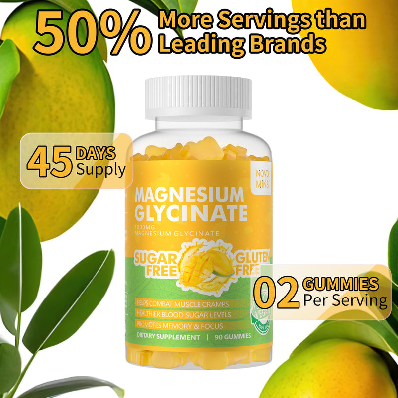 Magnesium Glycinate Gummies 1000mg - Sugar Free Magnesium Potassium Supplement with Vitamin D, B6, CoQ10 for Calm Mood & Sleep Support - 180 Mango Pineapple 90 Count (Pack of 2)