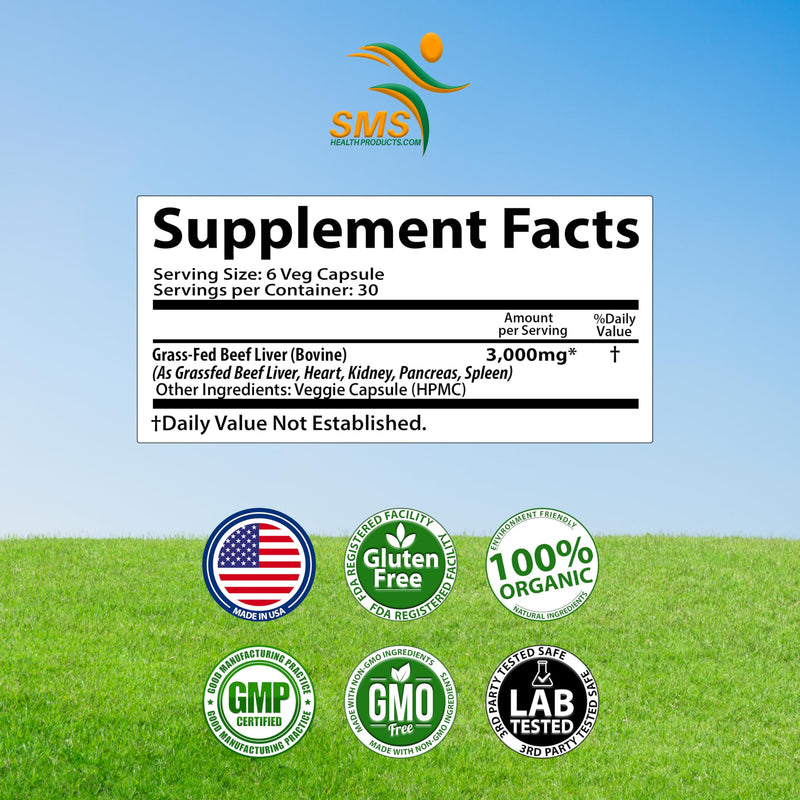 [Australia] - Beef Organ Supplement - Grass Fed & Pasture Raised - Total Body Wellness & Performance, Organ Complex with 3000mg of Desiccated Beef Liver, Heart, Kidney, Pancreas, Spleen (180 Capsules) 