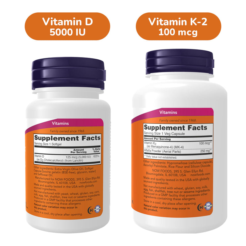 NOW Foods Vitamin D-3 & + VIT K-2 Menaquinone-4 (MK-4) Supplements Bundle | Vitamin D3 5,000 IU 240 Softgels + Vitamin K2 Menaquinone-4 (MK-4), 100 mcg 250 Capsules - High Potency, Structural Support* Vitamin D3 & K-2 490 Count (Pack of 2)