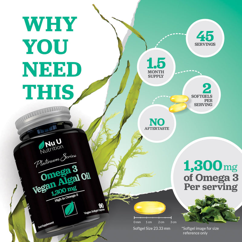 Vegan Omega 3 Algae Oil 1300mg - 520mg DHA per Serving - 90 Vegan Softgel Capsules with Vitamin E - High Strength DHA from Marine Algae Oil - Plant Based Omega 3