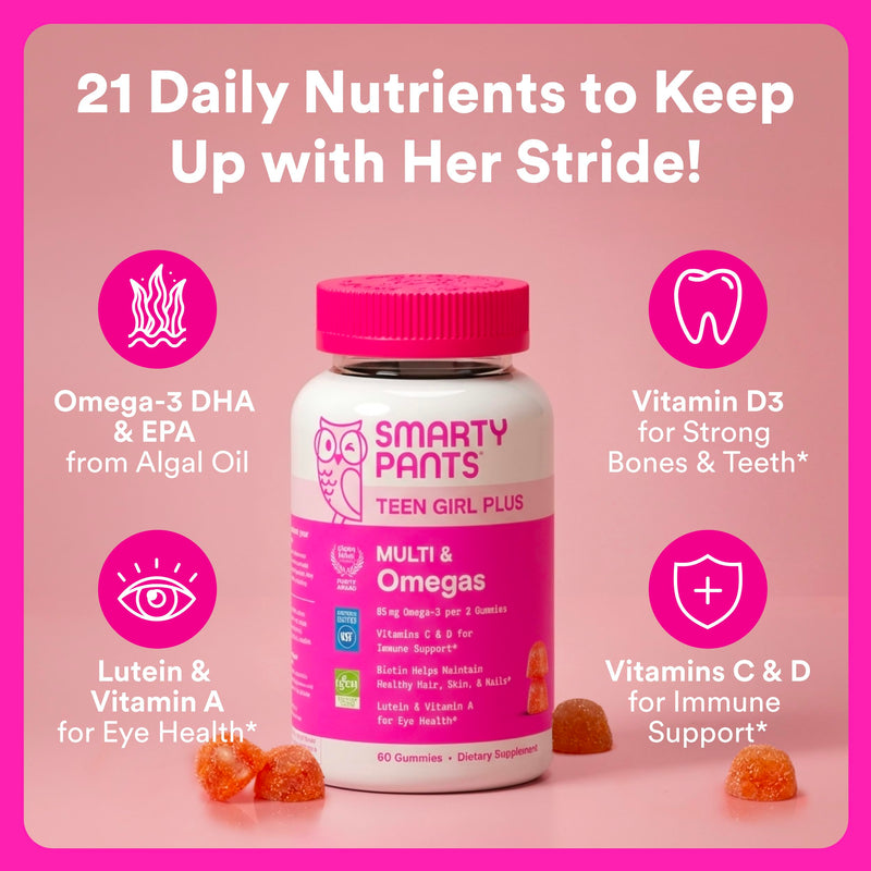 SmartyPants Teen Girl Multivitamin Gummies, Omega 3 (DHA/EPA), Vitamin C, D3, B12, Vitamin A, K & Zinc, Biotin to Support Hair, Skin & Nails, Gluten Free, 60 Count (30 Day Supply) Multi + Omega