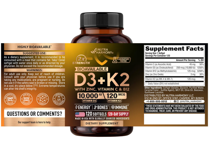 Vitamin D3 K2 - D3 10000iu & K2 120mcg - Highly Bioavailable - 120Softgels | Vitamin D3K2 + Zinc, Vitamin C & B12 - Immune & Mood Support, for Bone & Teeth Health For Men & Women - 120-Day Supply