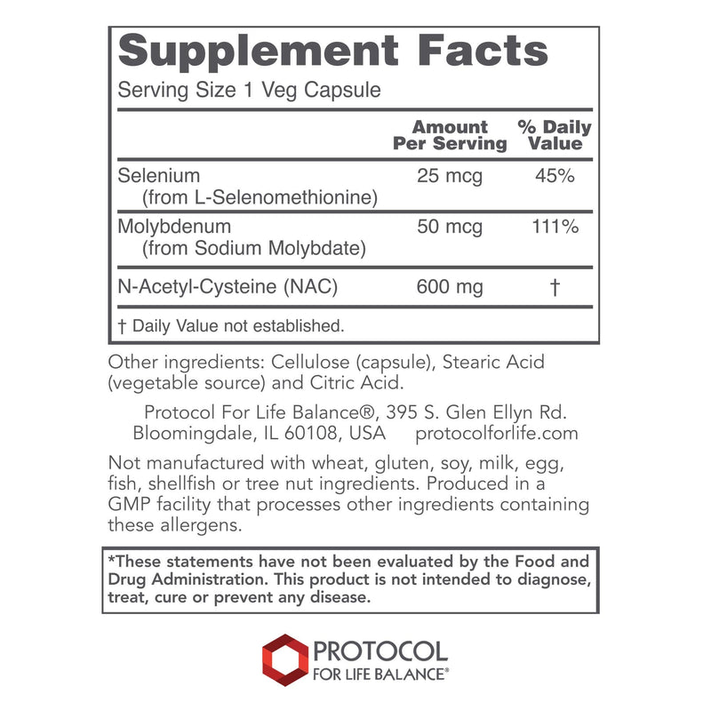 [Australia] - Protocol NAC 600mg - N-Acetyl-Cysteine with Molybdenum & Selenium - For Glutathione Synthesis, Cellular & Lung Health* - Amino Acid Supplement - Made Without Gluten, Dairy-Free, Non-GMO - 100 Veg Caps 